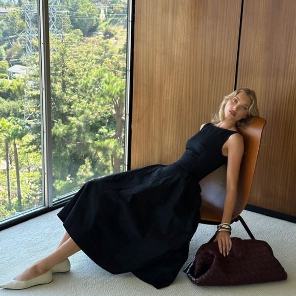 Helsa Stretch Cotton Sateen Midi Dress Black Size Medium - Picture 3 of 12